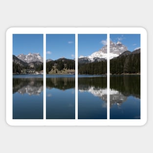 The fabulous alpine lake of Misurina in the Dolomites. Lovely and relaxing place in the Italian Alps. Reflections in the rippled water. Sunny spring day. Sticker